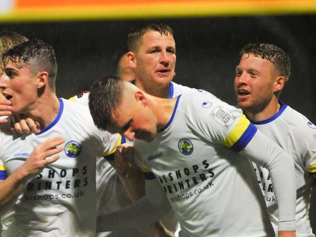 Hawks celebrate a goal during tonight's FA Cup win over higher division Torquay. Picture: Martyn White
