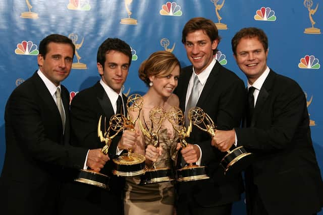 Actor Steve Carell, actor B.J. Novak, actress Jenna Fischer, actor John Krasinski and actor Rainn Wilson poses in the press room after winning "Outstanding Comedy Series" for "The Office ". Picture: Kevin Winter/Getty Images