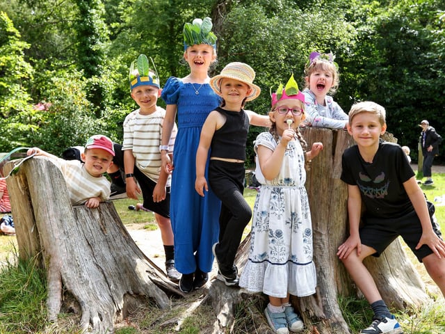 A group of children enjoy Play Day at Holly Hill Woodland Park, Sarisbury, organised by Fareham Borough Council. From left, Nicodemus, 3, Raphael, 8, Claudia, 8, Mariella, 4, Amelia, 4, Zara, 4, and Kai, 8Picture: Chris  Moorhouse (140824-04)
