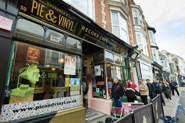 Exterior view of Pie and Vinyl with people waiting to go in for Record Store Day 2022. Picture: Keith Woodland (230421-30)