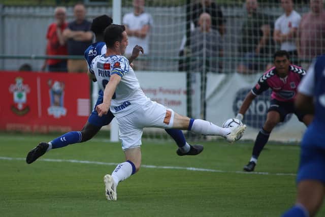 Jason Prior scores one of his two goals at AFC Totton last night. Picture by Kieron Louloudis.
