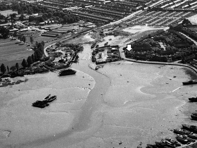 A view of Milton Lake with the houseboats alongside the Eastern Road in the bottom right hand corner