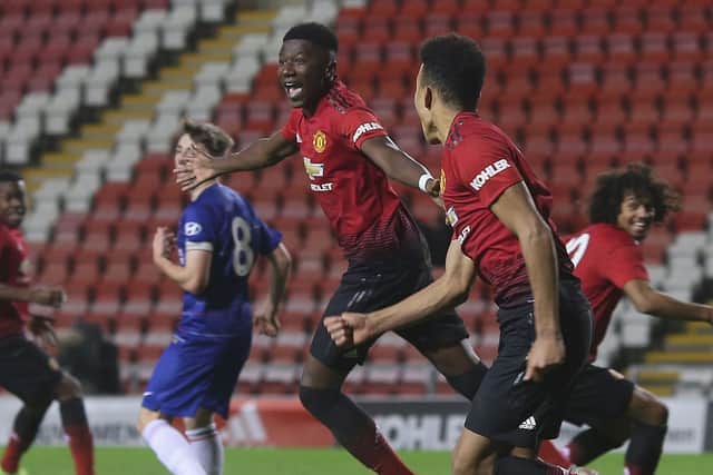 Manchester United's Di'shon Bernard celebrates after scoring against former club Chelsea in the FA Youth Cup in December 2018. Picture: Matthew Peters/Manchester United via Getty Images