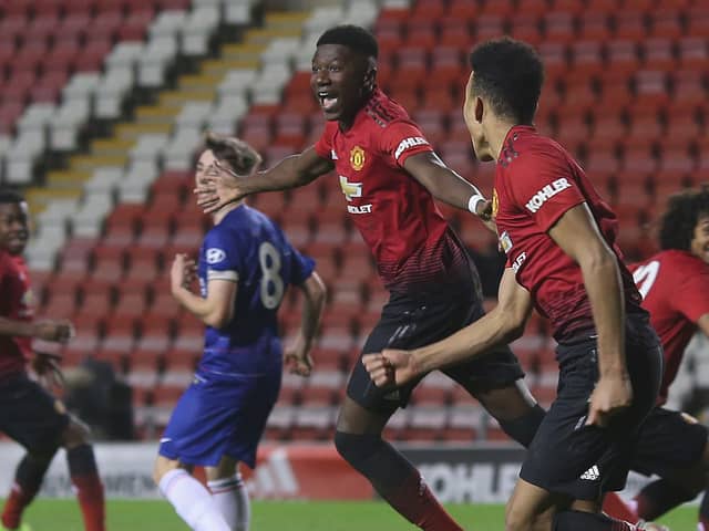 Manchester United's Di'shon Bernard celebrates after scoring against former club Chelsea in the FA Youth Cup in December 2018. Picture: Matthew Peters/Manchester United via Getty Images