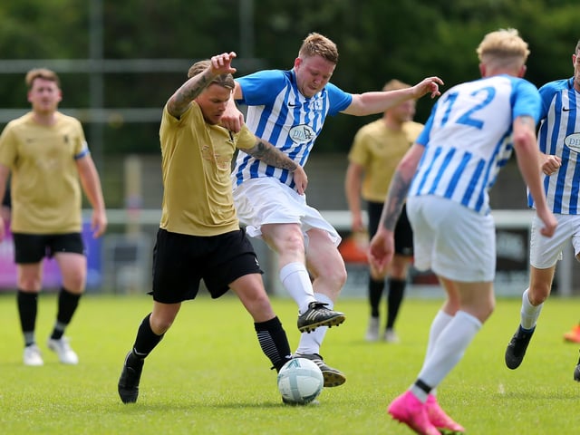 Action from the Challenge Cup final between Wicor Mill (gold shirts) and Coach & Horses Albion. Picture: Chris Moorhouse (jpns 210523-11)