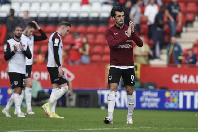 John Marquis shows his appreciation to Pompey fans at the final whistle on Saturday.