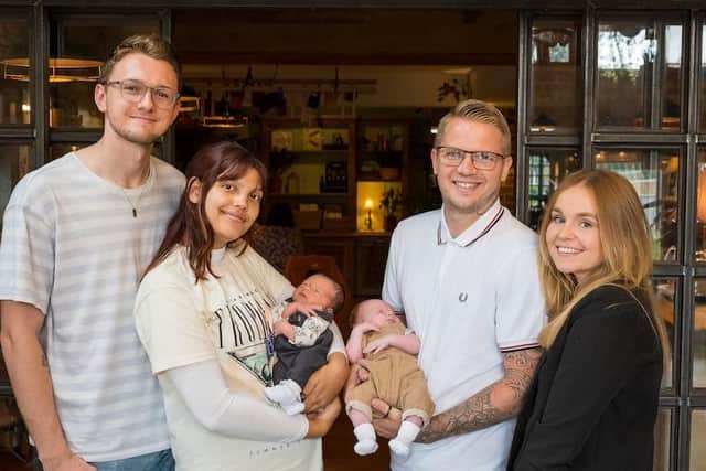 Alex and Naomi with Josie (left) and Luke and Clodagh with Brodie (right)