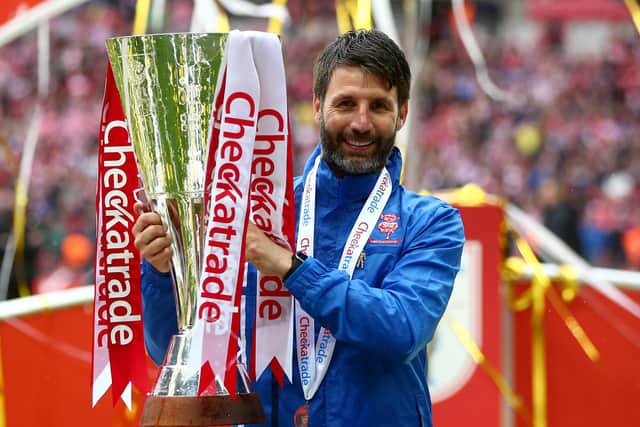 Danny Cowley led Lincoln to EFL Trophy glory in 2018. Picture: Jordan Mansfield
