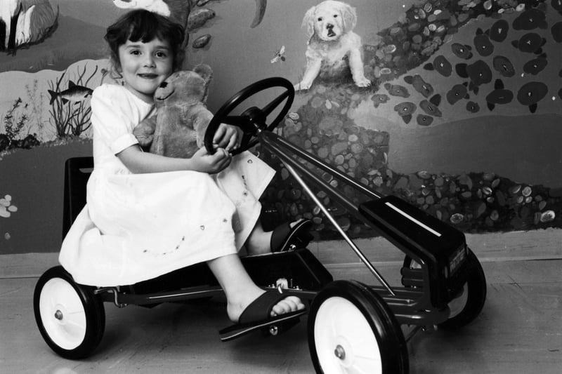 Harriet Young, five, from Waterlooville on one of the hospital's new go-karts in June 1994