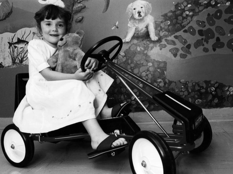 Harriet Young, five, from Waterlooville on one of the hospital's new go-karts in June 1994