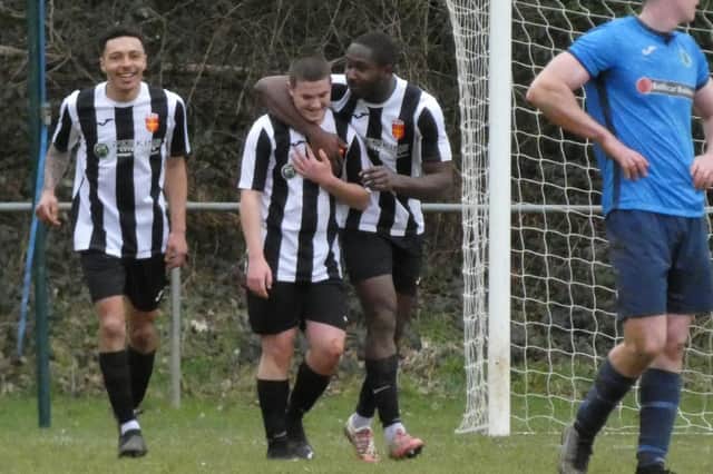 Hayling celebrate a goal during last weekend's HPL win at Liss. Picture by Simon Jasinski