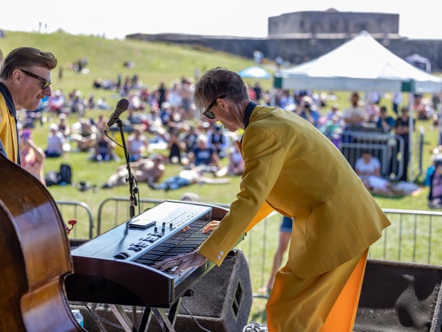 Keyboard player Vince Hurley from Jive Aces giving a very energetic performance at the Bandstand. Picture: Mike Cooter (210724)