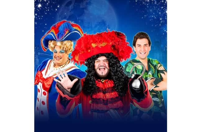 The Pompey Panto 2023 at The Kings Theatre is Hook, starring (from left): Jack Edwards as Mrs Smee; Shaun Williamson as Captain Hook; James Argent as Peter Pan. Picture by Cinnabar Studios