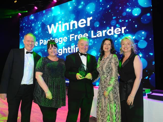 Professor Jeremy Howells, far left,  from the University of Portsmouth, at last year's The News Business Excellence Awards presenting the Sustainable Business of the Year Award to Sam Woodman, David Williams, Kirstie Higgins-Day, and Sara Howden from Wightlink.

Picture: Sarah Standing