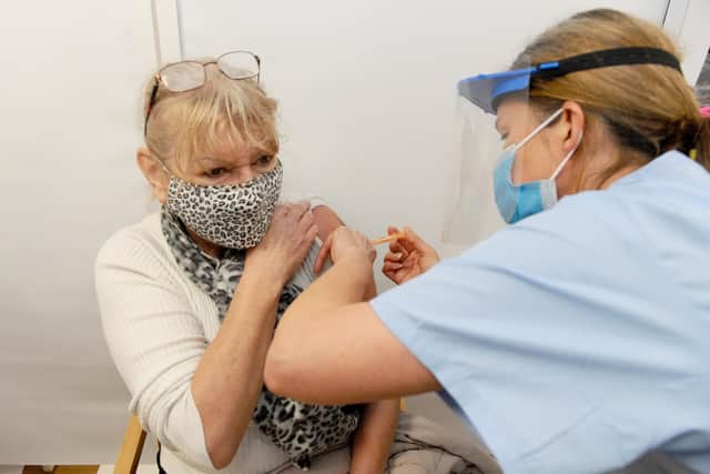The Portsmouth NHS Covid-19 Vaccination Centre at Hamble House based at St James Hospital opened on Monday, February 1.
Pictured is: Jennifer Slight (72) from Cosham, receiving her Covid-19 first vaccination.
Picture: Sarah Standing (010221-1976)