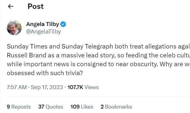 Angela Tilby's Twitter post