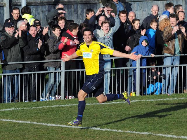 Tim Sills celebrates one of his two  goals in the FA Trophy semi-final second leg that sent Gosport Borough to Wembley in 2014. Picture: Paul Jacobs