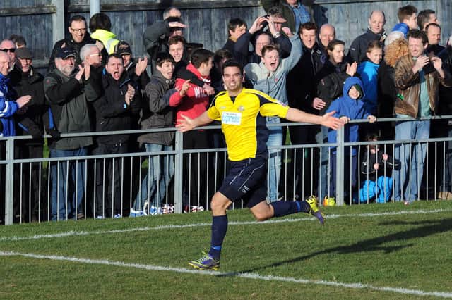 Tim Sills celebrates one of his two goals in the FA Trophy semi-final second leg that sent Gosport Borough to Wembley in 2014. Picture: Paul Jacobs