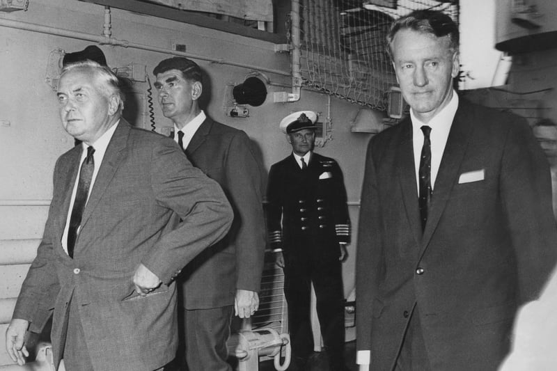 British Prime Minister Harold Wilson (left) and Rhodesian Prime Minister Ian Smith (right) arrive on board the Royal Navy warship 'HMS Fearless' in Gibraltar for talks on the situation in Rhodesia, 10th October 1968. (Photo by Central Press/Hulton Archive/Getty Images)