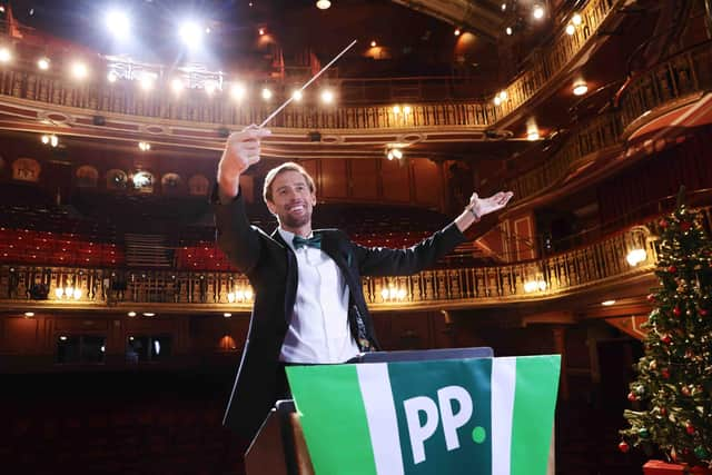 Former England footballer Peter Crouch and opera star Paul Potts launch ‘Crouchy Conducts The Classics’, a charity World Cup Christmas album released by bookmaker Paddy Power to inspire England fans, London. Picture: PinPep/Joe Pepler