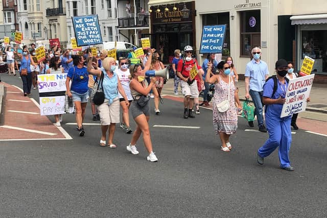 NHS health workers pictured protesting in Portsmouth over unfair pay. Photo: Tom Cotterill