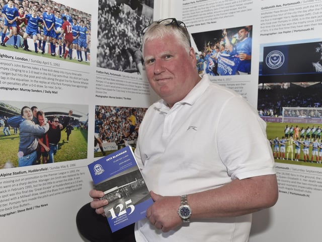 The 125 years celebrating Portsmouth FC in photographs exhibition is on show at Ravelin Sports Centre in Portsmouth and will be on display until Sunday, August 18, 2024.
Pictured is: Former The News, Portsmouth, photographer Steve Reid next to one of his picture which is on display at the exhibition.
Picture: Sarah Standing (050824-8983)