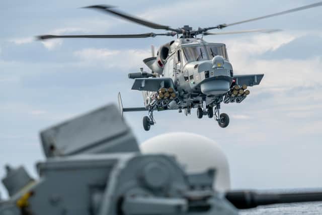 A Royal Navy Wildcat helicopter equipped with the Martlet missile system developed by Thales. Pic: Ministry of Defence