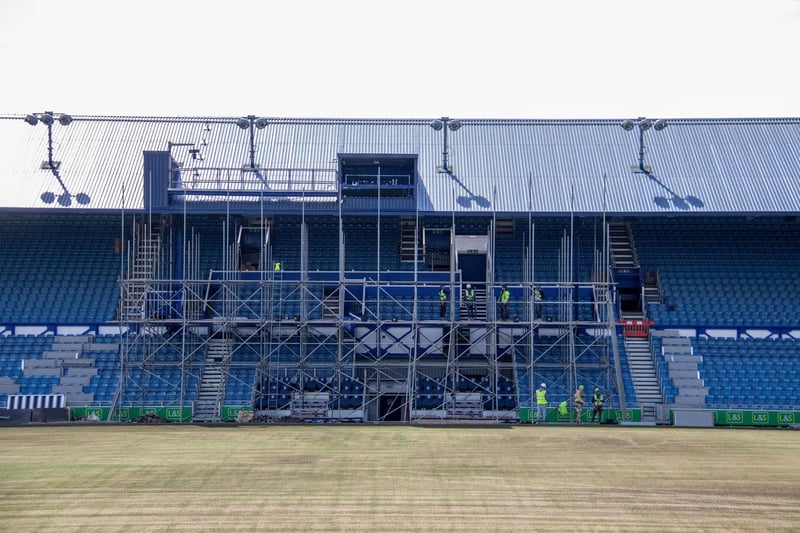 Scaffolding has quickly been erected as work begins on the new TV gantry in the South Stand.Picture: Habibur Rahman