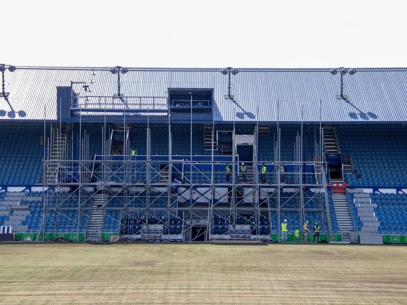 Scaffolding has quickly been erected as work begins on the new TV gantry in the South Stand.Picture: Habibur Rahman