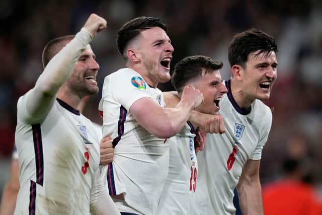 From left, Luke Shaw, Declan Rice, Mason Mount and Harry Maguire celebrate victory against Denmark in the Euro 2020 semi-final. Picture Frank Augstein - Pool/Getty Images