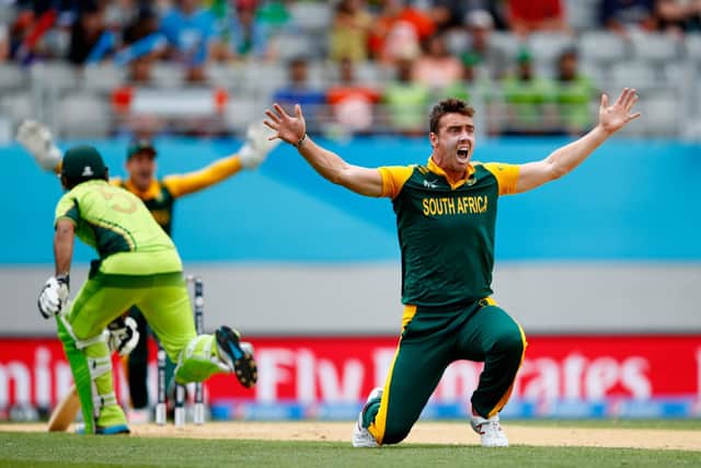 Kyle Abbott appeals for a wicket during a 2015 World Cup tie against Pakistan in Auckland. Photo by Phil Walter/Getty Images.