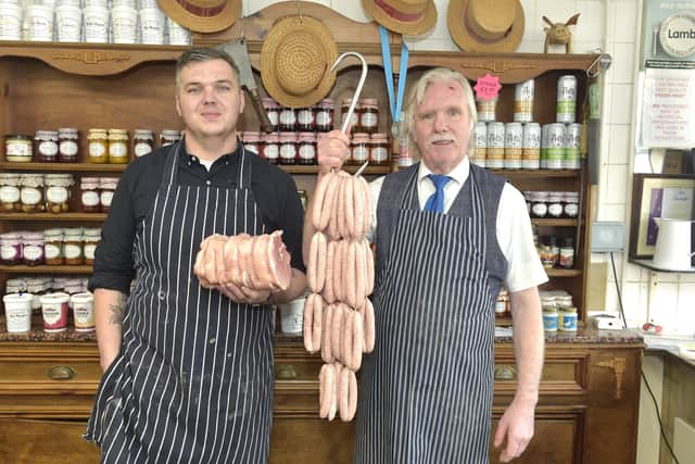 (l-r) Jacob and his dad David Smith have taken over Twells Butchers in Portchester, which will now be known as Portchester Butchers.
Picture: Sarah Standing (310123-8962)