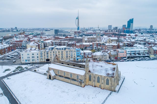 Beast from the East 2. The Royal Garrison Church and Portsmouth beyond covered in snow in 2018. Picture: Shaun Roster