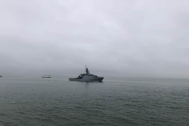 HMS Trent returning to Portsmouth this afternoon. Picture: Richard Lemmer