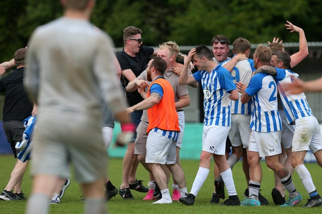Coach & Horses Albion celebrate their penalty shoot-out triumph. Picture: Chris Moorhouse (jpns 210523-24)