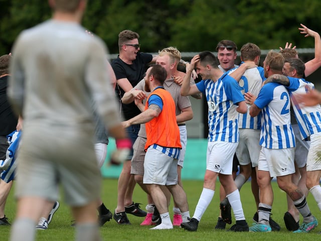 Coach & Horses Albion celebrate their penalty shoot-out triumph. Picture: Chris Moorhouse (jpns 210523-24)