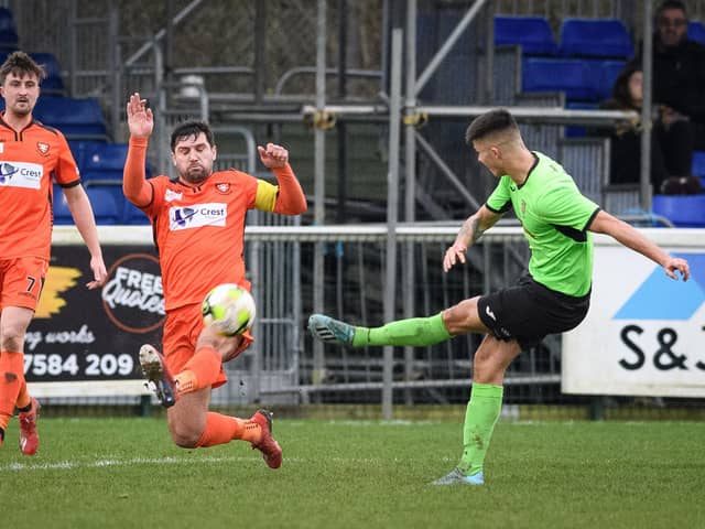 Alresford (green) go on the attack during their 1-0 win at Wessex League promotion rivals AFC Portchester in 2019/20. Picture: Keith Woodland