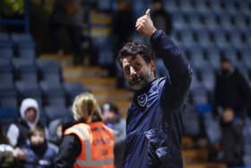 Pompey boss Danny Cowley gives the travelling Fratton faithful at Gillingham the thumbs up     Picture: Jason Brown.
