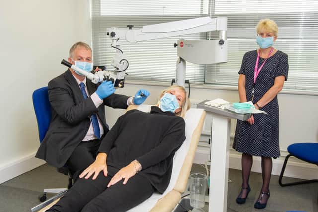 Operations manager, Lin Barlow and clinical director, Donal Collins with MP Caroline Dinenage