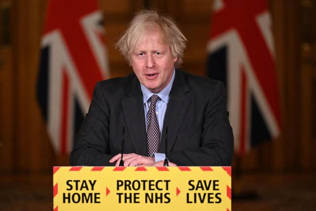 LONDON, ENGLAND - FEBRUARY 22: British Prime Minister Boris Johnson speaks during a televised press conference at 10 Downing Street on February 22, 2021 in London, England. The prime minister announced a phased exit from the country's current lockdown measures, imposed before Christmas to curb a surge in covid-19 cases. (Photo by Leon Neal - WPA Pool/Getty Images)