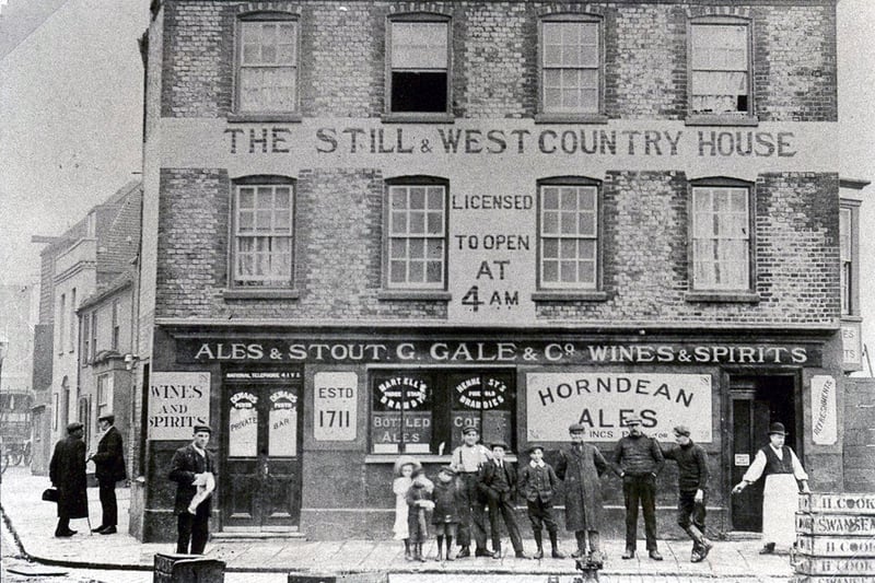 The Still & West Country House in Bath Square, Old Portsmouth. Dating from about 1733, this popular pub at the mouth of the harbour was originally known at The Still Tavern. In the early 1900s a busy daily fish market was held immediately in front of the building - hence the 4am opening time.