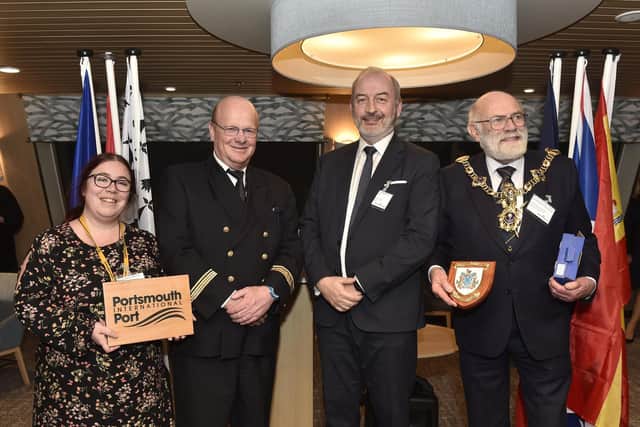 Brittany Ferries are launched a first glimpse event for their new luxury cruise liner Santoña at Portsmouth International Port on Friday, March 3. The LNG-powered vessel is supposed to be environmentally friendly. Voyages are planned for Spain and Cherbourg.
Pictured is: (l-r) Cllr. Kimberly Barrett from Portsmouth City Council, captain Thierry Lacour, Christophe Mathieu, CEO of Brittany Ferries and the Lord Mayor of Portsmouth Hugh Mason.
Picture: Sarah Standing (030323-717)