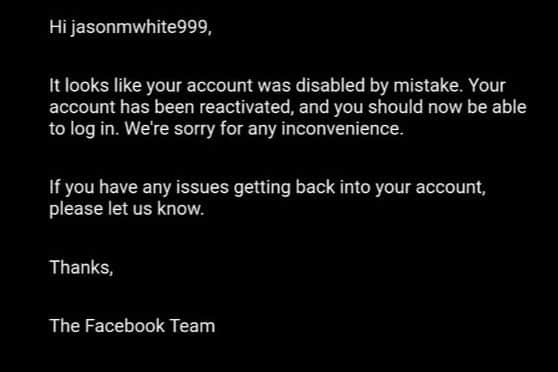 Jason White's Facebook account was hacked before it was shut down by the tech firm and then reinstated