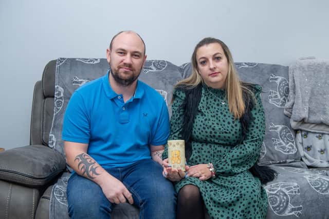 Natalie and Shane Dormer lost their baby Arthur in October 2021.  In his memory they are hosting a family fun day at the Falcon pub in Waterlooville Pictured:Natalie and Shane Dormerat thei home in Portsmouth on Thurday 10th February 2022Picture Habibur Rahman