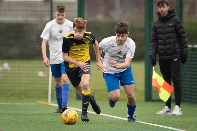 Action from Moneyfields U18s' 9-1 win at home to Hawks Community Youth U18s (white shirts) in the Hampshire Development League Under-18 Division East. Picture: Keith Woodland (120321-1081)