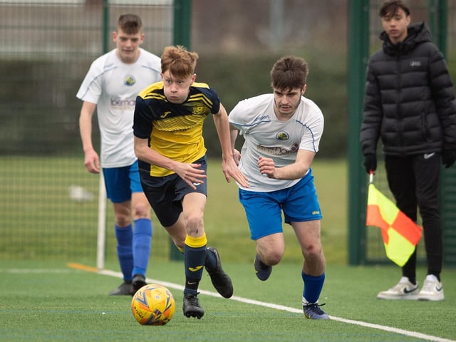 Action from Moneyfields U18s' 9-1 win at home to Hawks Community Youth U18s (white shirts) in the Hampshire Development League Under-18 Division East. Picture: Keith Woodland (120321-1081)