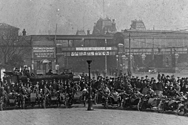Motorcyclists and their sidecars gather in Guildhall Square, Portsmouth, possibly about 1918-1920.