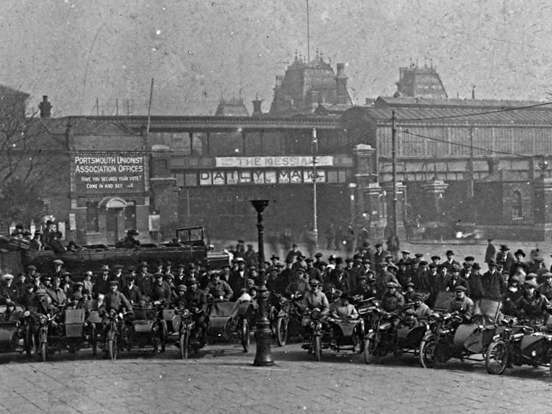 Motorcyclists and their sidecars gather in Guildhall Square, Portsmouth, possibly about 1918-1920.