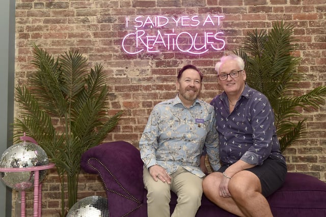 Creatiques Bridal Boutique in Albert Road, Southsea.

Pictured is: (l-r) Owners Bertie and Andrew Pearce.

Picture: Sarah Standing (210624-4804)