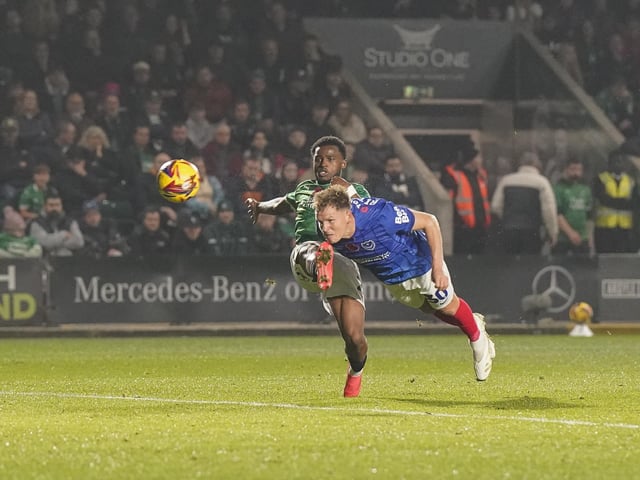 Matt Ritchie produces a diving header in Pompey's 1-0 defeat at Plymouth in November 2024. Picture: Jason Brown/ProSportsImages